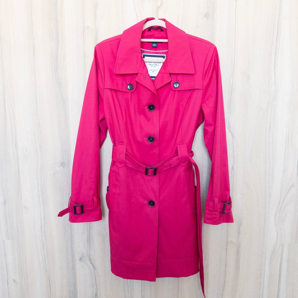 Tommy Hilfiger Womens Trench Coat M Pink Belted Classic Preppy Career Bright